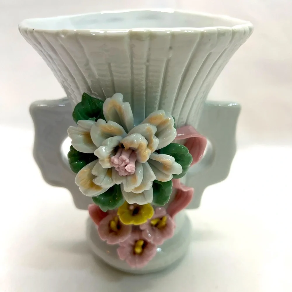 VINTAGE Floral Ceramic mini Vase with Pastel Accents and pink ribbon and handles